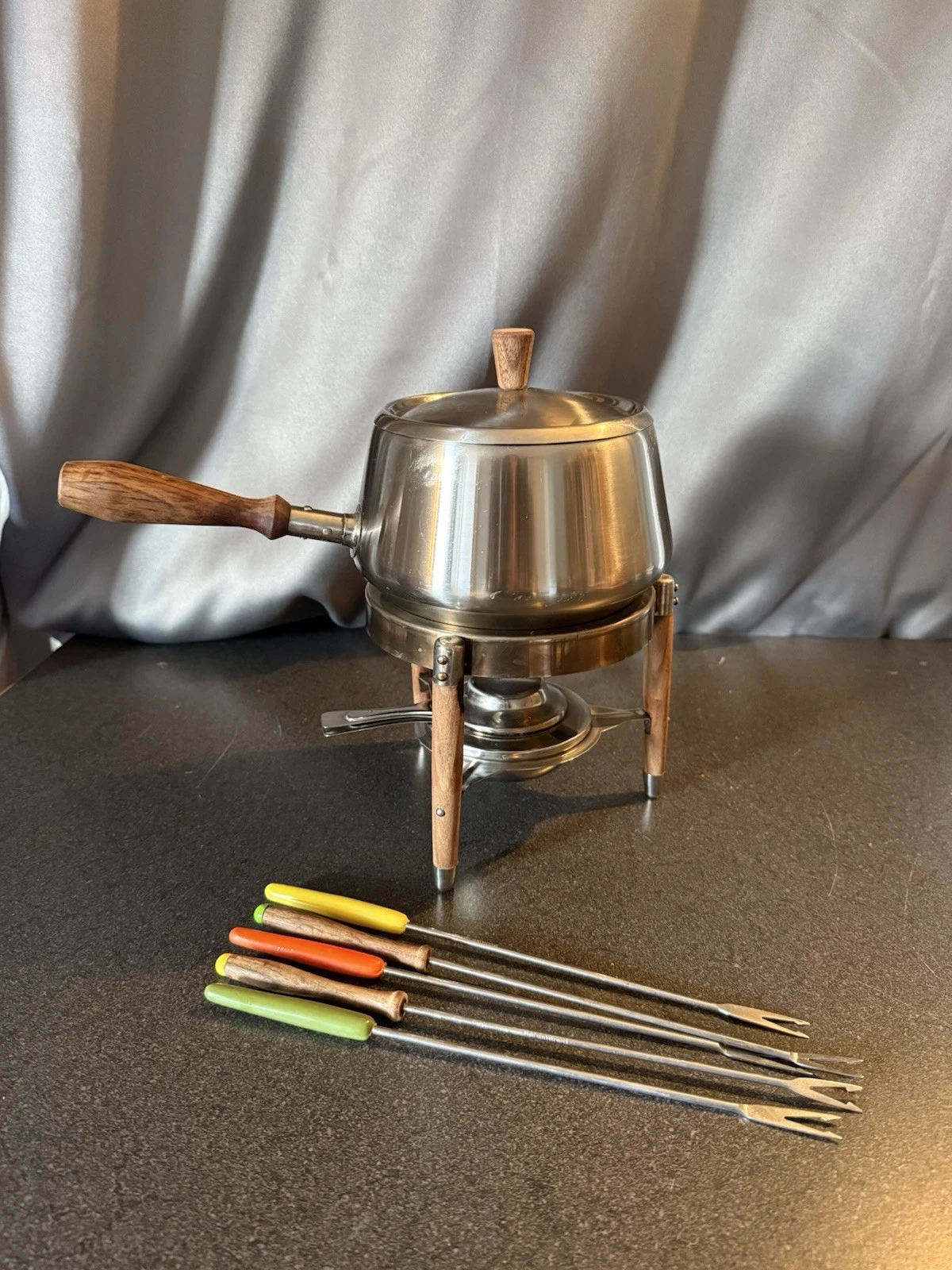 VTG Royal Dolphin Stainless Steel Fondue Pot With 5 Forks 2 Are Original Retro