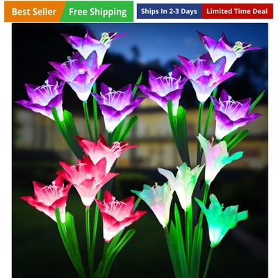Outdoor Solar Lights, 4 Pack Solar Garden Light with Bigger Lily Flowers, Wat...