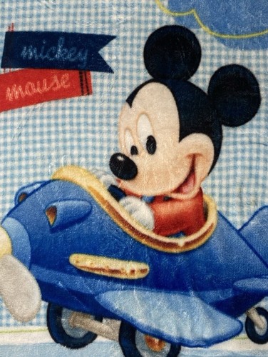 Disney Baby Mickey Mouse Blanket Airplane Banner Cloud Blue Gingham Comforter - Picture 2 of 5