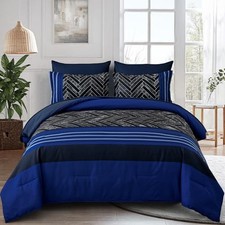 Comforter Set Size, 7 Pieces Stripe Geometric Bed in a Bag, King Blue