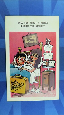 Freche Comic Postkarte 70er Jahre große Brüste Hochzeitstorte SIE MÖGEN NACHTS KNABBERN