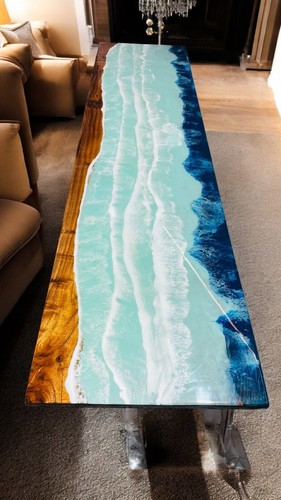 45"x15" Made To Order Ocean Epoxy Resin Dining Table Live Edge Wooden Home Decor