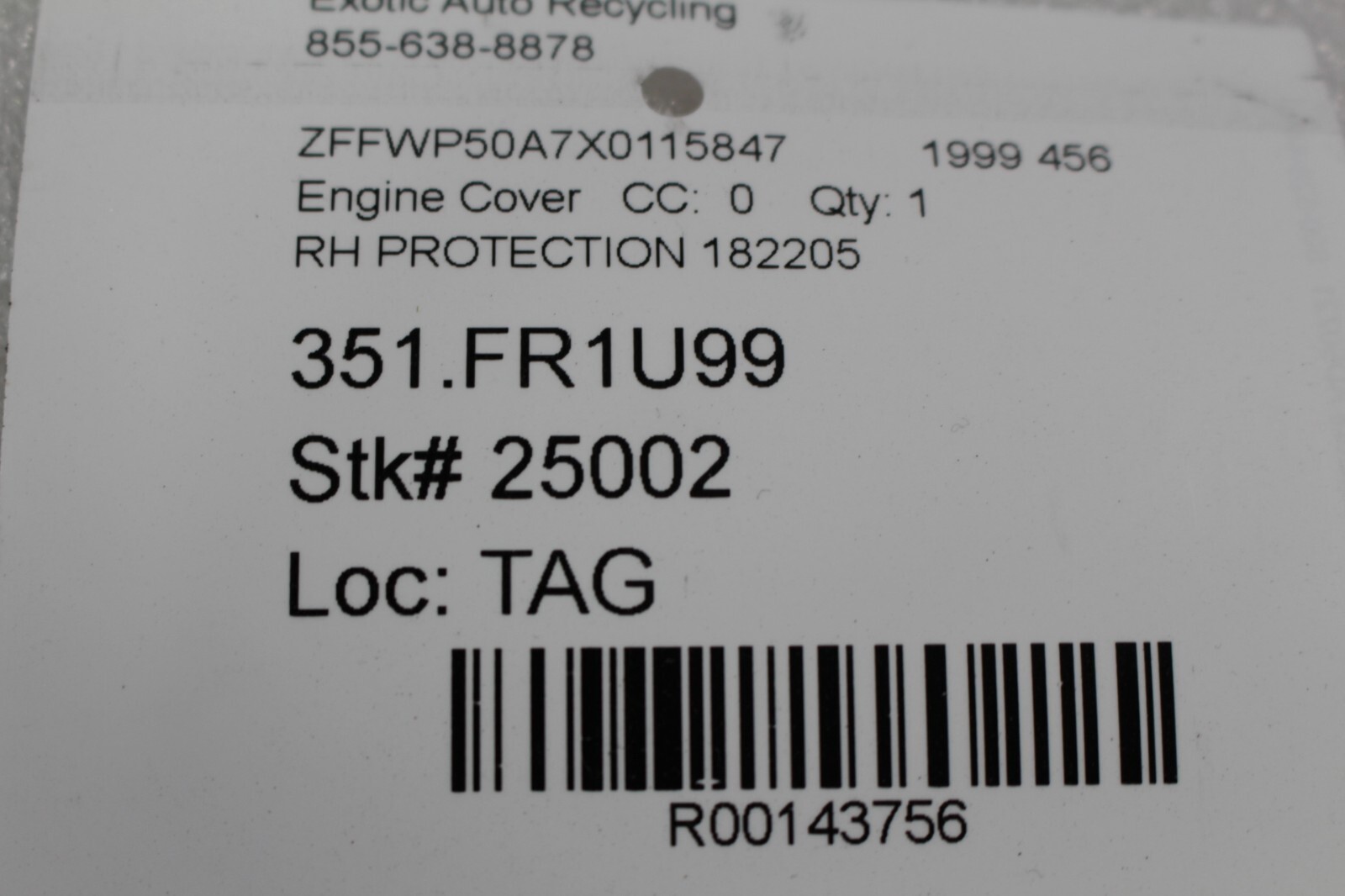 Ferrari 456 M, RH, Right, Engine Cover, Used, P/N 182205