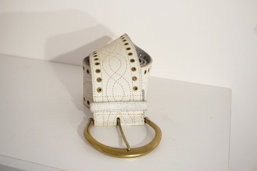 Women's White Crackle Leather Riveted Embroidered Wide Leather Hip Boho Belt, L - Picture 4 of 5