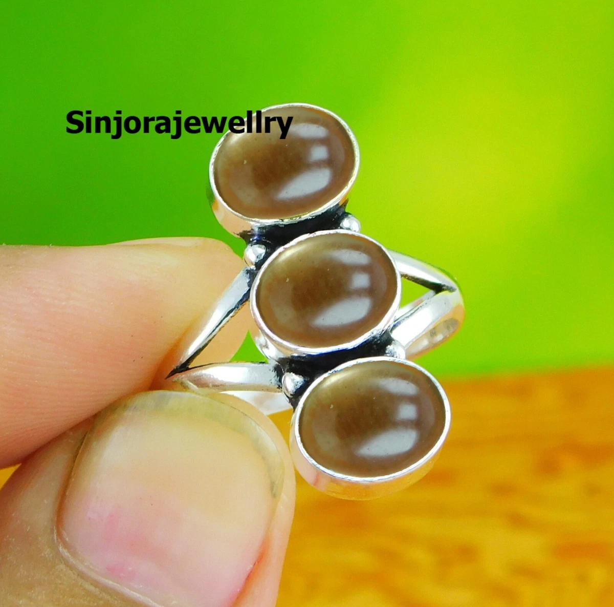 Anello Argento 925 Con Turchese Naturale | Tre Pietre Ovali | Fatto A Mano India | MO5262