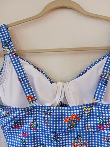 Lands End Sz 8DD Lycra Swim Top Blue Gingham w Flowers Underwire Cups V Neck - Picture 11 of 13