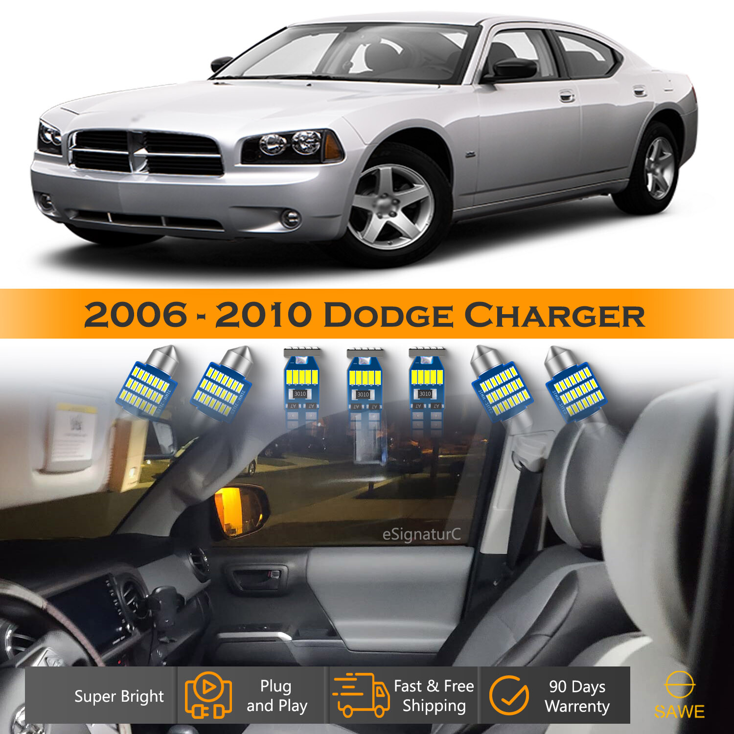 12 x Ultra White LED Lights Interior Package Kit For 2006 - 2010 Dodge Charger