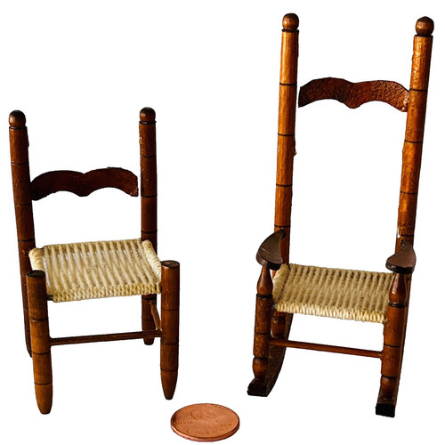 2 Miniature Dollhouse Hand Crafted Wood Ladder Back Chairs 1:12 Missing Parts