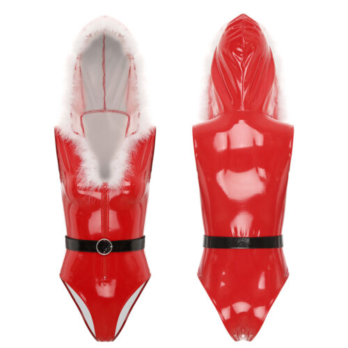 Womens Santa Claus Bodysuit Hooded Xmas Costume Feather Trim Sexy Clubwear - Picture 13 of 29