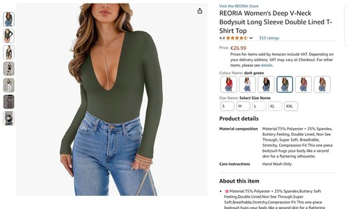 Womens Bodysuit Sexy Top Size XXL Plunge Deep V Neck Trendy Long Sleeve Party - Picture 8 of 8