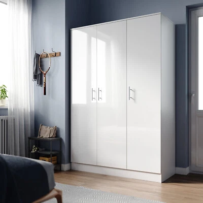 ELEGANT White Gloss 3 Door Triple Wardrobe with Hanging Rail & Shelves Bedroom Furniture