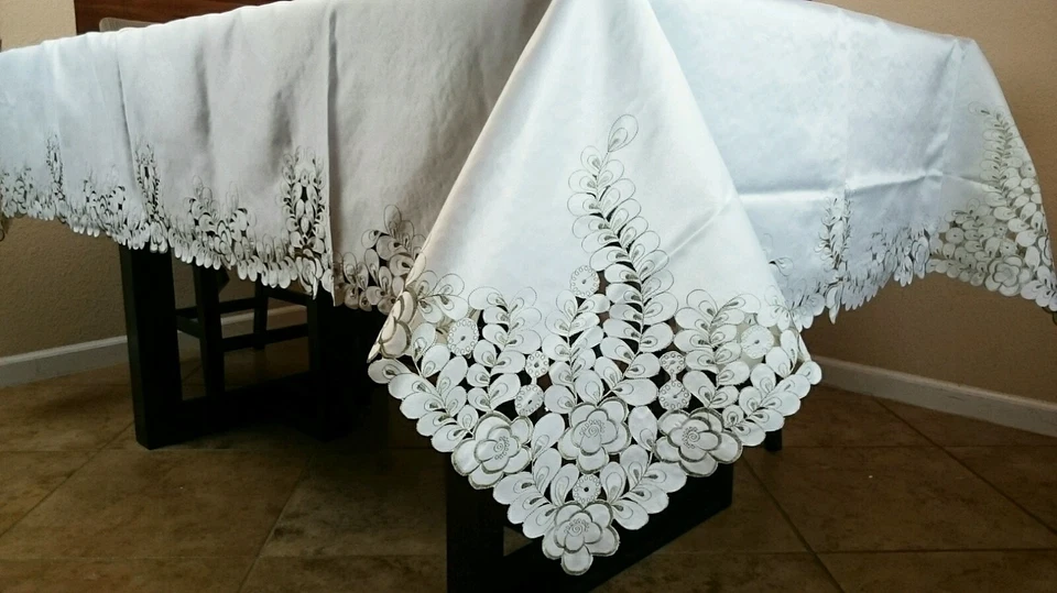 Embroidered Cutwork Peacock Embroidery Tablecloth Napkin 72x126" Elegant Linen - Image 4 of 4