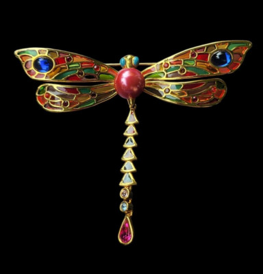 JOAN RIVERS Plique a Jour Dragonfly Brooch Vintage Signed Large Articulated