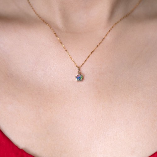 Geometrisches Muster Fünfeck australischer Doublet Opal Anhänger Halskette 14k Gold - Bild 2 von 8
