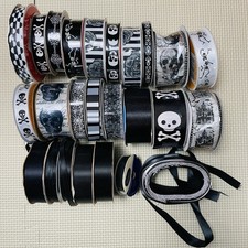 Halloween Ribbon Lot Black  White Skulls Skeletons Plain Mostly New Spools
