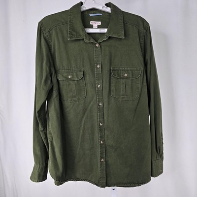 Merona Shirt Womens XL Green Twill Button Front Long Sleeve Utility Pockets