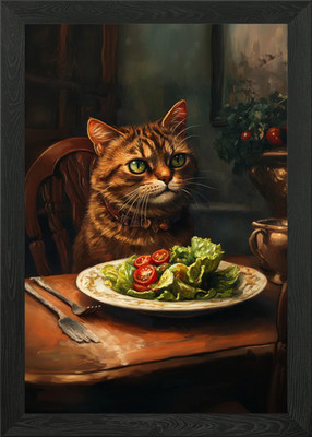 Katze und Salat Gemälde gerahmt Wandbild Poster Leinwanddruck Bild