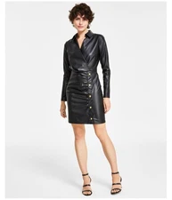 Michael Kors Womens Faux Leather Wrap Surplice Dress, Black, X-Large