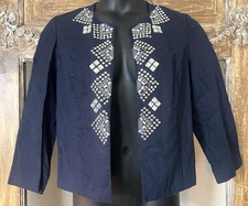 Chico  s Women  s Navy Embellished Linen Blazer size 1 M 8/10 