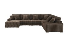 Shaggy Velvet Sectional Sofa U Shaped Couch with Pillows and Metallic Legs Brown