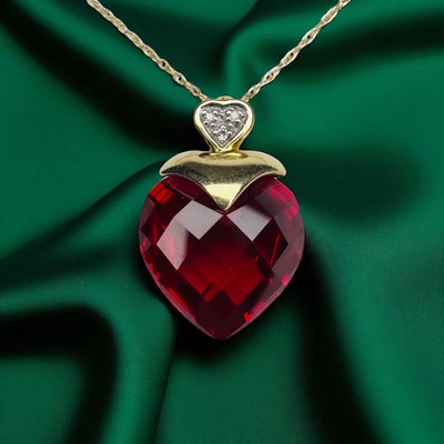 Red Ruby & Diamond Necklace in 10K Gold -16'' BIG -13mm Ruby Heart Briolette 3.1g