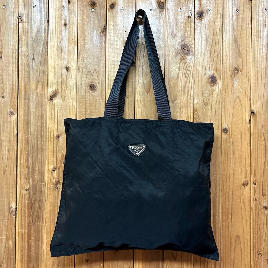PRADA Vintage Nylon Shoulder Bag Black A4 Tote with Logo and Triangle Plate