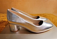 Stuart Weitzman Bridget 50 Block Heel Leather Pump Silver Slip On Classic Sz 5