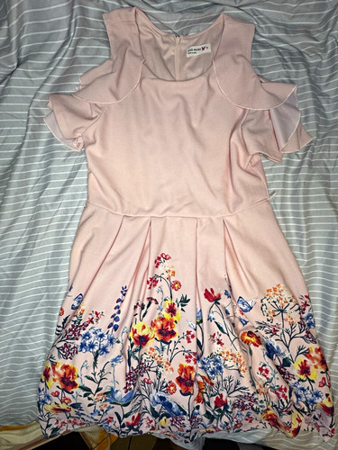 Knit Works Women's Pink Floral Cold Shoulder V-Neck Fit & Flare Dress 16