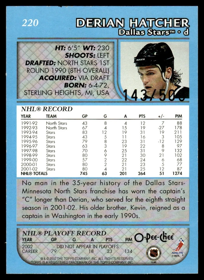 2002-03 O-Pee-Chee Blue Derian Hatcher /500 Dallas Stars #220 - Image 2 of 2