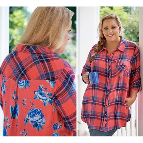 Tolani Collection Plaid Floral Mixed Media Button Down Tunic Boho Pockets L
