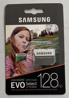Samsung EVO Select 128GB microSDXC UHS I Class 10 U3 4K Memory Card SD Adapter
