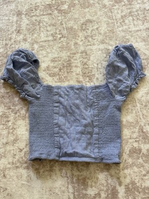 Forever 21 Blue Solid Smocked Puff Sleeve Square Neck Crop Blouse Cotton S