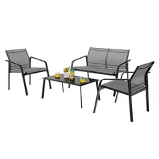 Patiojoy 4 PCS Patio Furniture Set Loveseat Sofas Armrest Glass Table Deck Grey