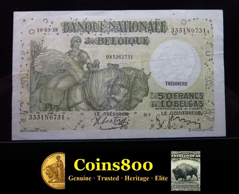Belgium 50 Francs 1938 P106 10 Belgas Belgique Belgie Banknote Money i4c0731