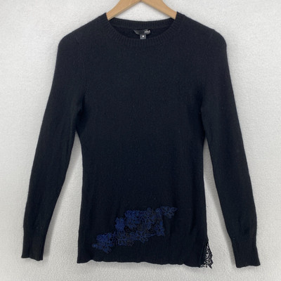 AQUA CASHMERE Sweater S CRAFTED Floral Lace Trim Crewneck Pullover Black