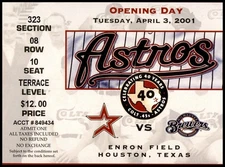 2001 Houston Astros vs Milwaukee Brewers Ticket 4/3/01 Opening Day Game @ Enron
