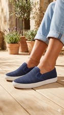 Usado en Excelente Condición Tory Burch Jesse Azul Marino Perforado Sin Cordones Tenis Zapatos Talla 7 M