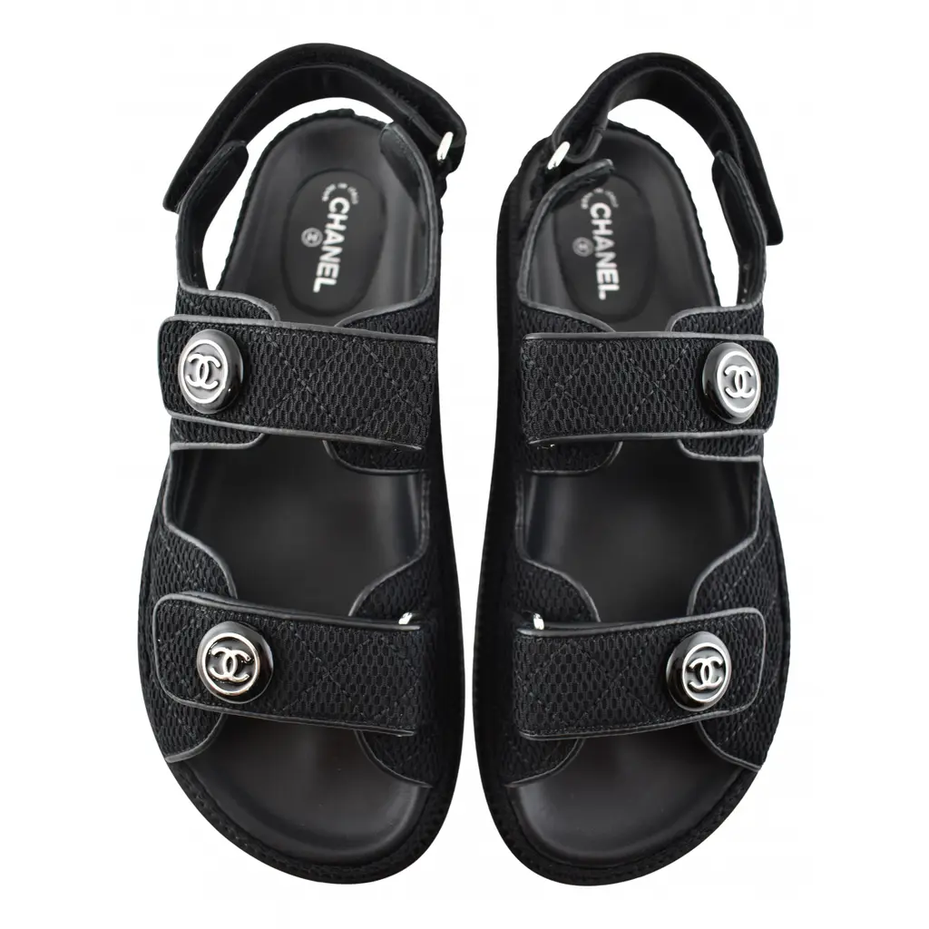 CHANEL サンダル Chanel 21C Black Fabric Silver Logo Mule Slide Strap Flat Teva Dad