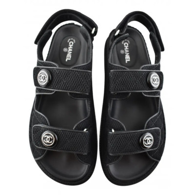 Chanel 21C Black Fabric Silver Logo Mule Slide Strap Flat Teva Dad
