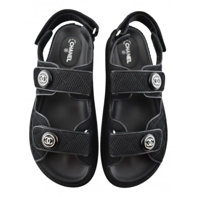 Chanel 21C Black Fabric Silver Logo Mule Slide Strap Flat Teva Dad