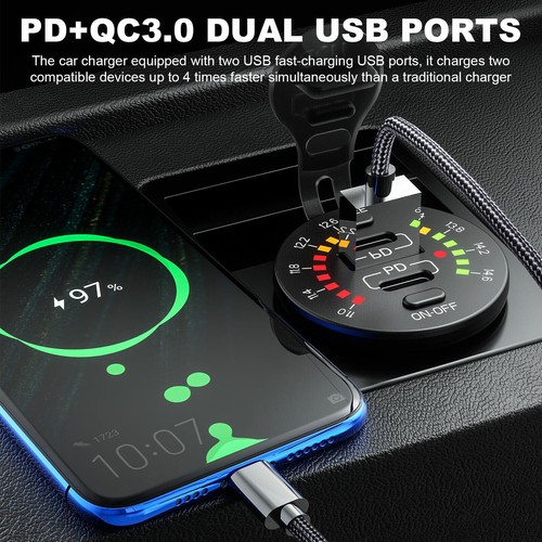 QC3.0 + PD Doble USB Coche Toma de Alimentación Voltímetro LED Impermeable - Imagen 7 de 8