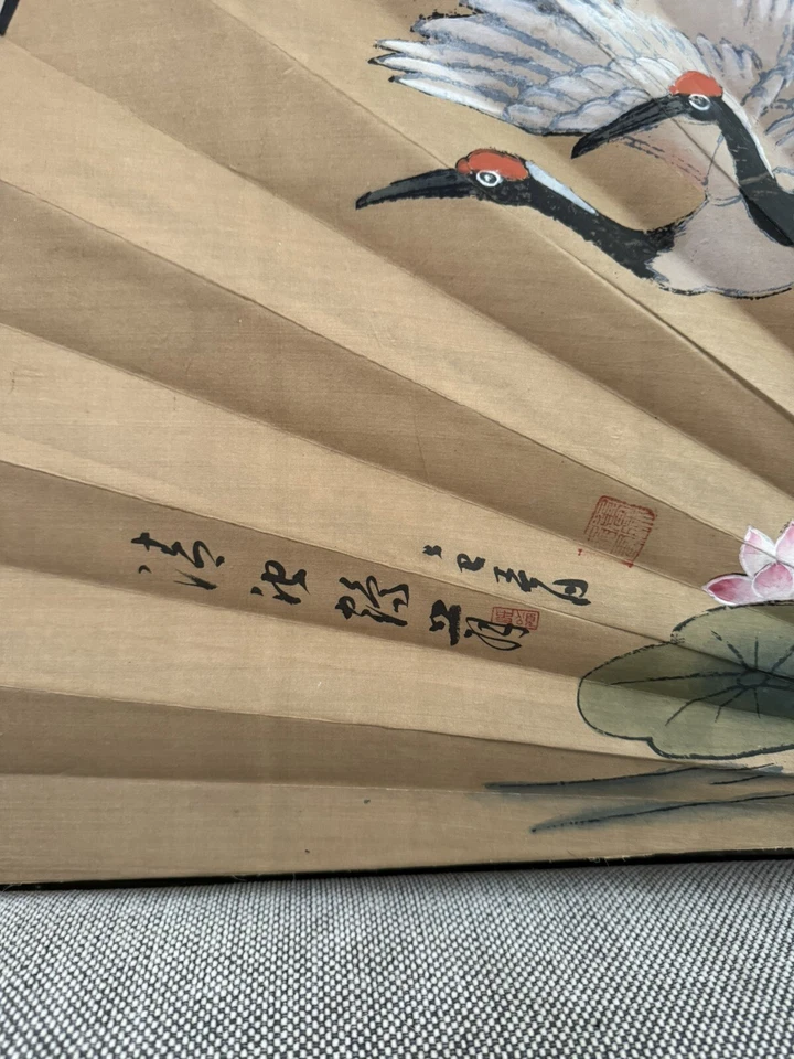 Antiguo abanico chino grande pintado a mano para colgar en la pared grúas y caligrafía GRANDE Foto 2 de 4