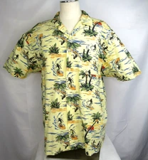 Mens Gap Hawaiian Shirt Sz XXL Yellow Palm Trees Surf Boards SS Button Fr EUC
