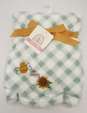 NEW Millie & Miles Bee Happy Baby Blanket Green White Plaid Yellow Sunflower