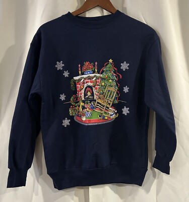 Basic Editions Christmas Sweatshirt Women s Small Blue  Grannycore Sweater