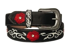 Western Cowboy Belt Black Leather Removable Buckle Floral Embroidered Rodeo Wear