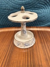 Vintage Ceramic Toothbrush Holder White W Blue Flowers Silver Trim - Cottage