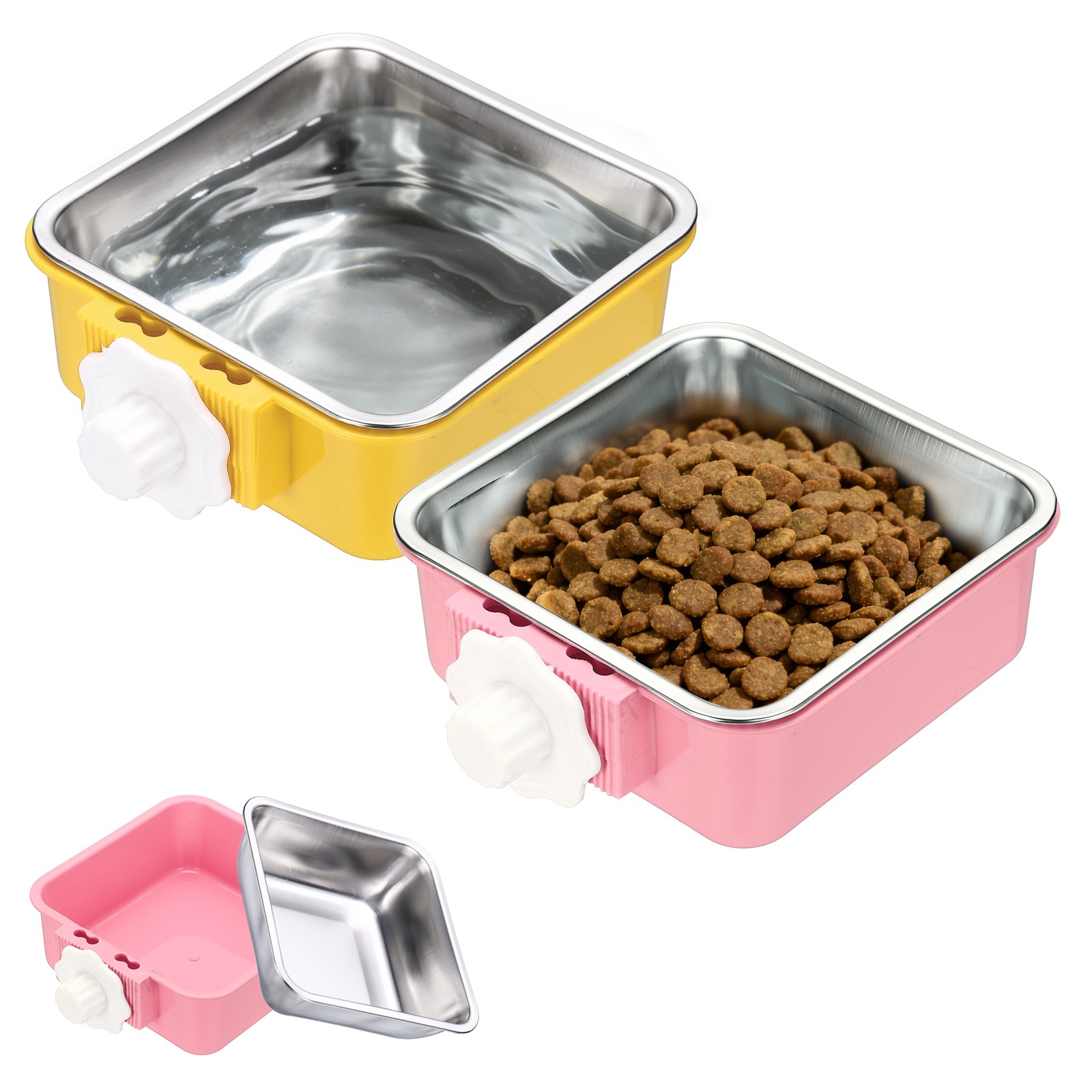 Crate Dog Bowl, Square Pet Feeder Bowl(Yellow/Pink, 2Pcs，17.7oz)