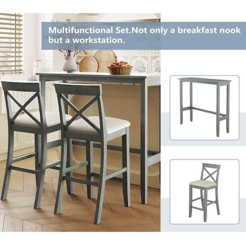 Farmhouse 3-Piece Gray Wood Top Bar Table Set - Picture 3 of 9