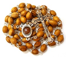 Olive Wood Rosary Necklace Catholic Oval Beads Jerusalem Soil Crucifix Gift Box